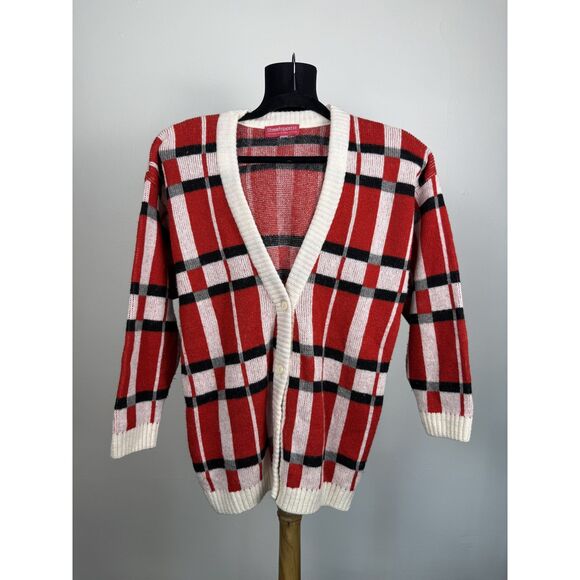90s Vintage Plaid Wool-Blend Knit Cardigan Sweater Red Black White, Size Medium - Picture 9 of 11
